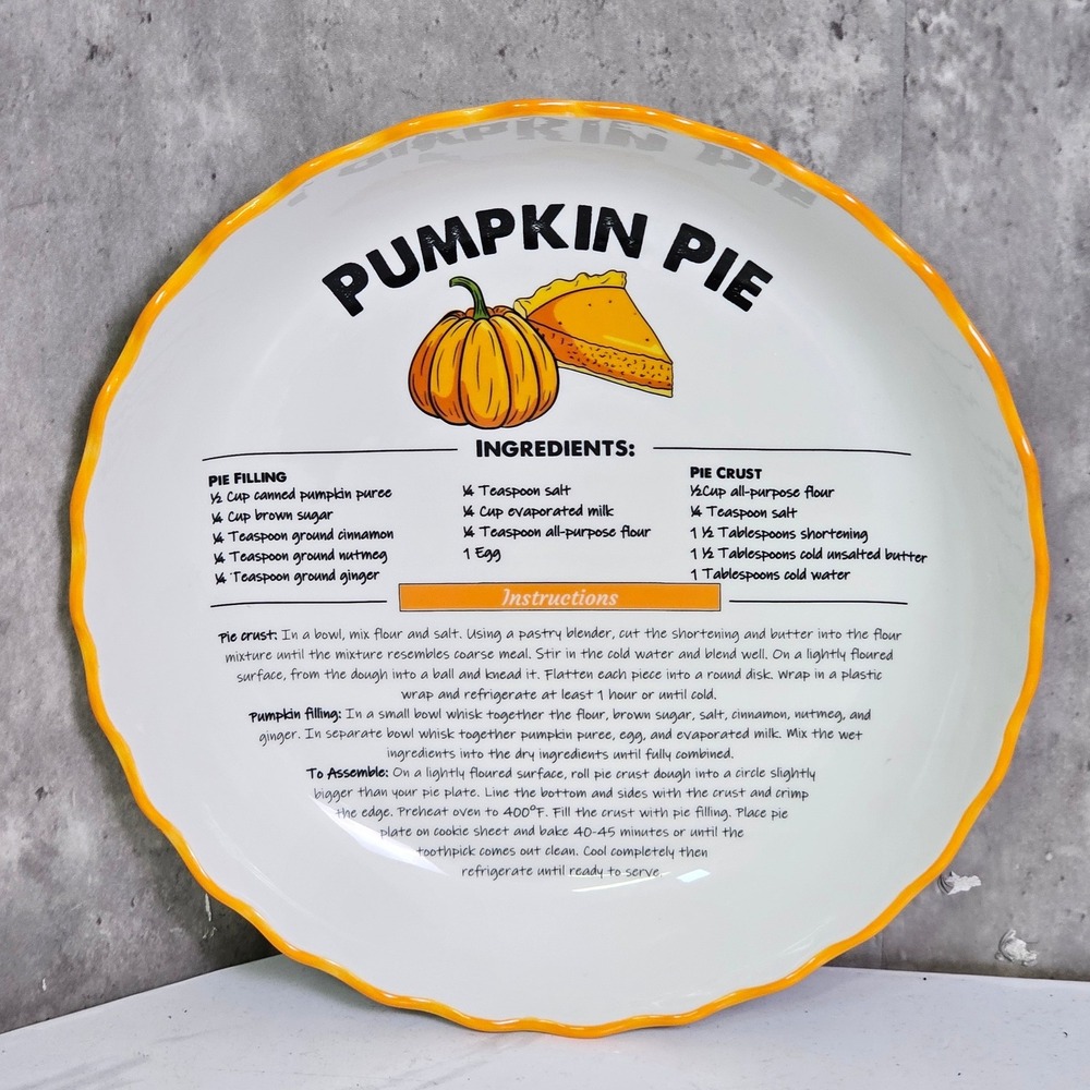 Ceramic Pumpkin Pie Recipe Plate Scalloped Orange Rim 10.5" Thanksgiving Dish